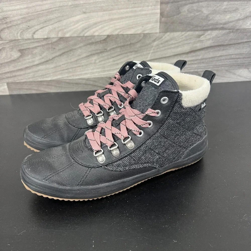 Keds Lace Up Ankle Boots Women's Size 9.5 Gray Black Casual Comfort Fleece Lined
